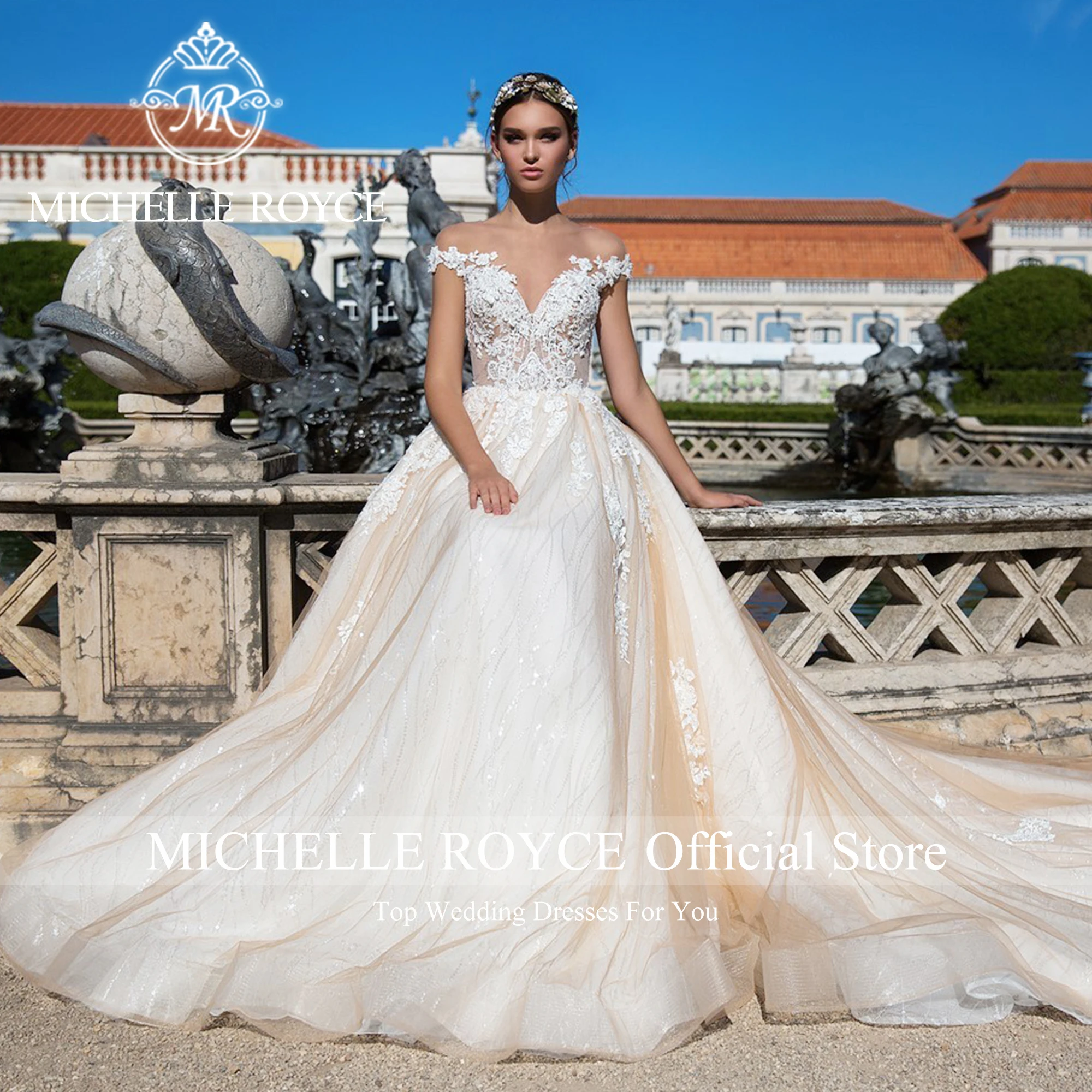 Michael Royce Luxus Brautkleider für Frauen 2024 Stickerei funkelnden Kurzarm Schatz Brautkleid Vestidos de Novia