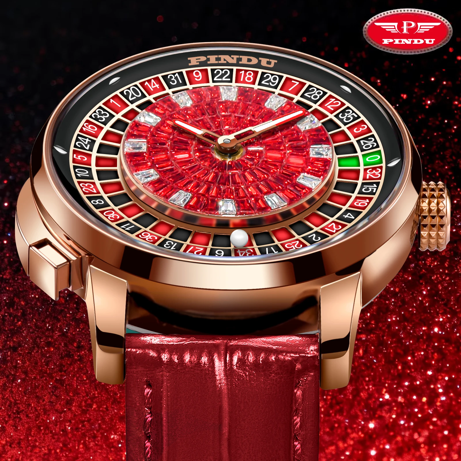 2026 PINDU Design New NH35 Mechanical Watch Men's Button Rotating Dial Sapphire Glass Red Diamond Waterproof Automatic Watch
