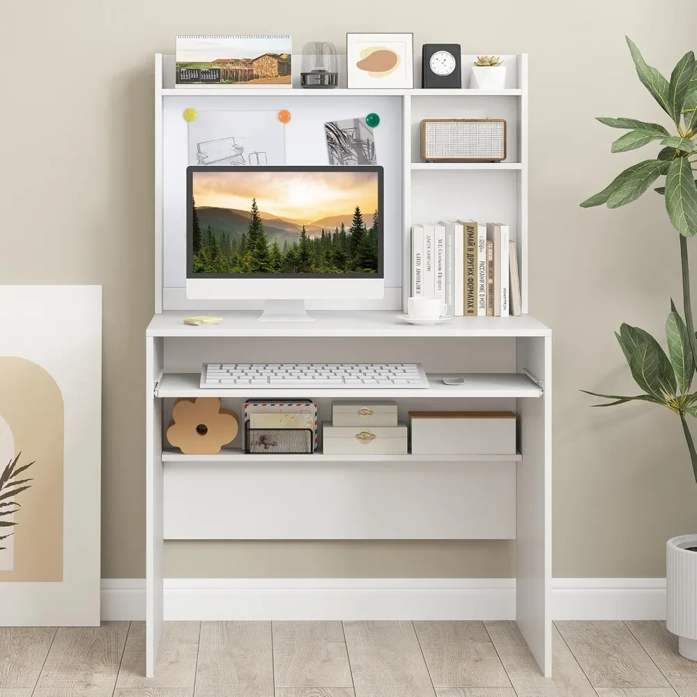 

Computer desk, space saving laptop desk with magnetic whiteboard, keyboard tray, storage rack, cable hole