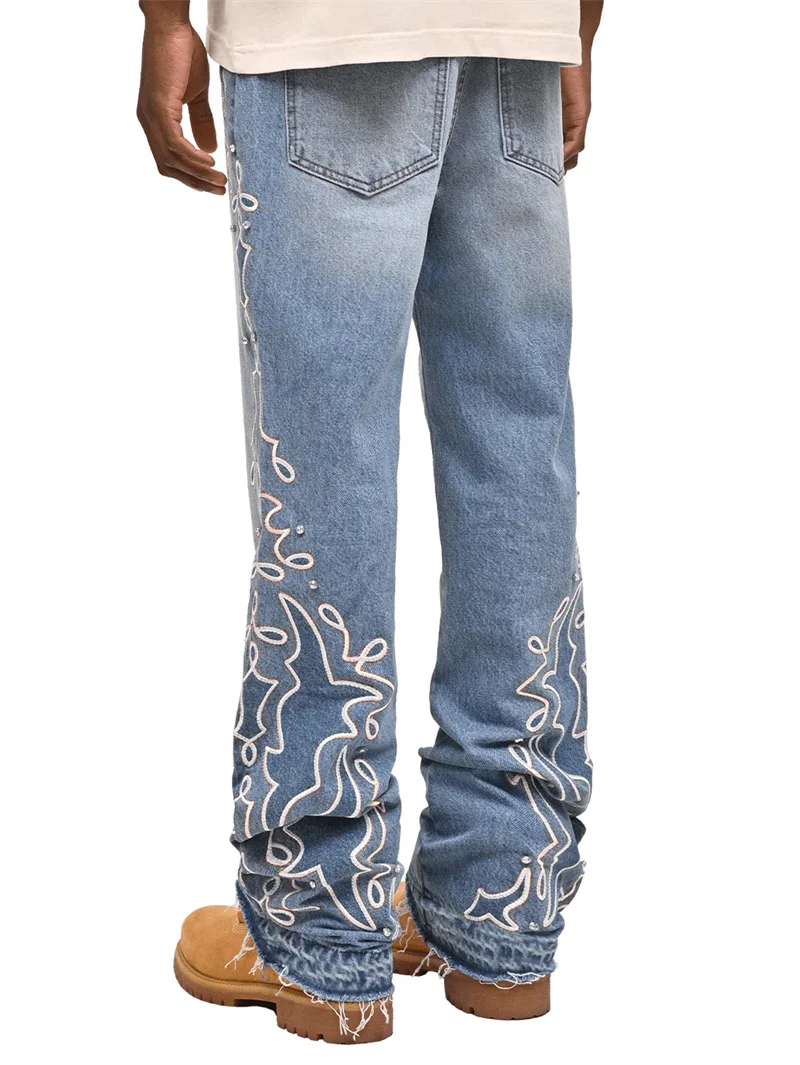 Vintage Embroidery Straight Denim Pants Trend Male Punk Style Wide Leg Jeans Streetwear Four Seasons Daily Casual Trousers 2025
