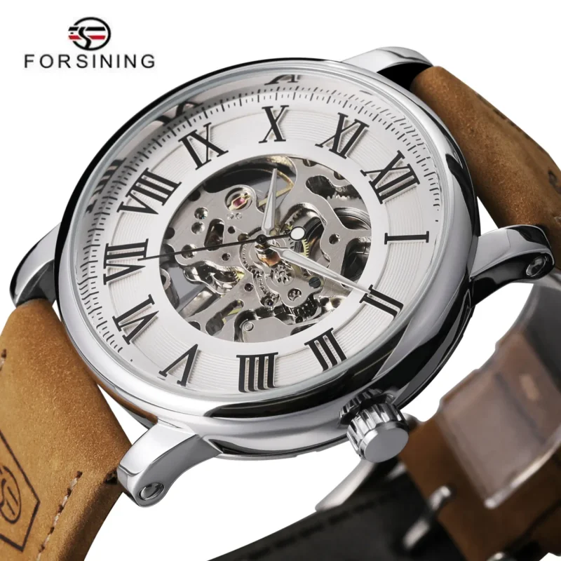 

Forsining 142B Brand Fashion Mechanical Watch Male Skeleton Dial Luminous Leather Strap Waterproof Casual Luxury Watches for Men