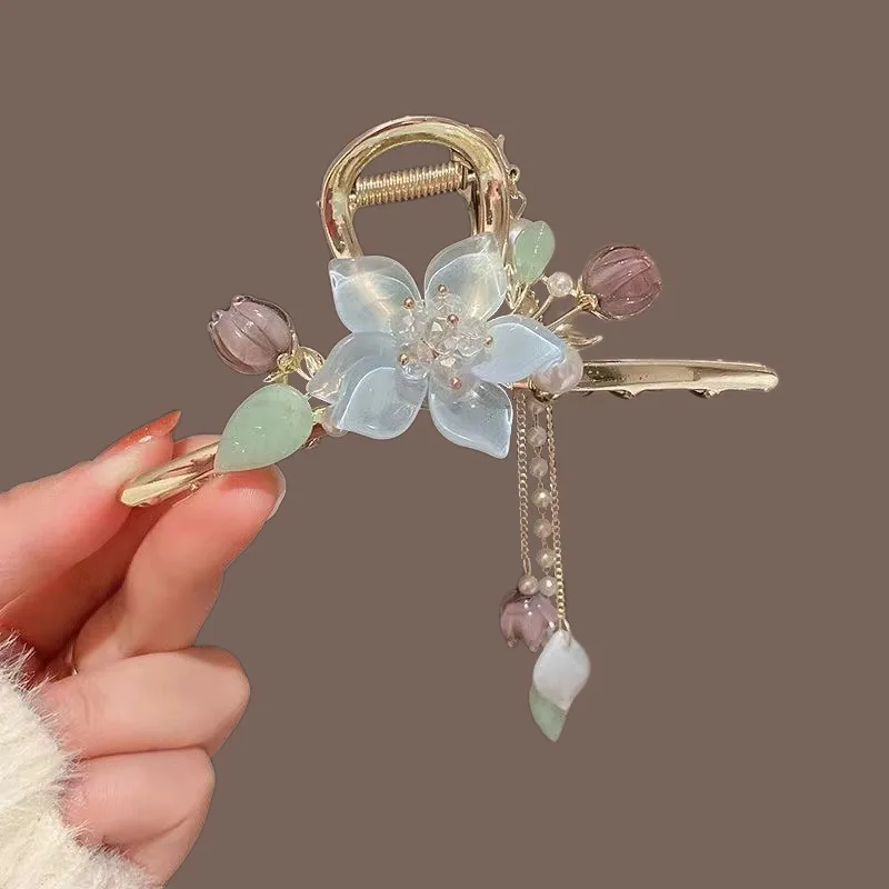 New Bell Orchid Flower Pearl Tassel Grab Clip Women\'s Ponytail Shark Hair Grab Sweet Hair Clips Girls Fashion Hair Accessories