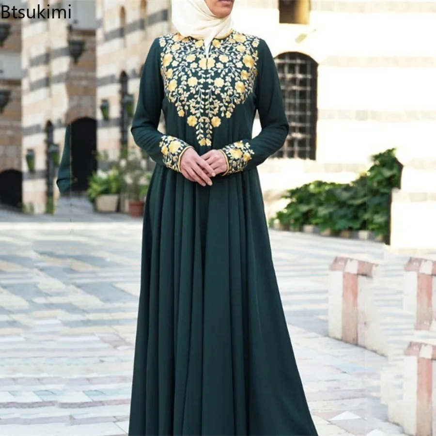 2024 New Muslim Long Dresses for Women Casual Vintage Abaya Islam Clothing Ethnic Style Printed Maxi Dress Elegant Evening Dress