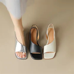 2023 New Summer Sandals Sheepskin Sandals Square Toe Chunky Heels Sandals for Women Handmade Women Sandals Concise High Heels