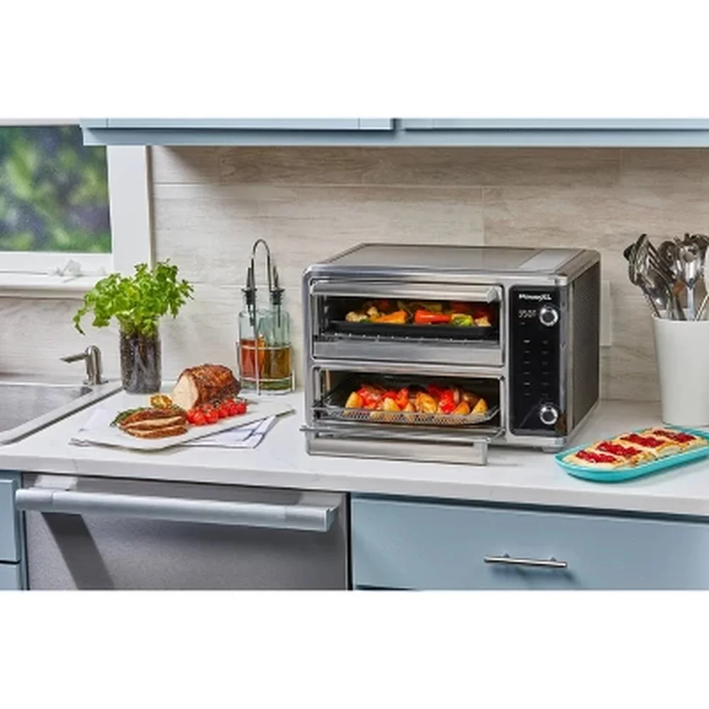 1700W Dual Door Toaster Oven Air Fryer Stainless Steel Countertop Convection 10 Presets Dishwasher-Safe Family Meals Accessories