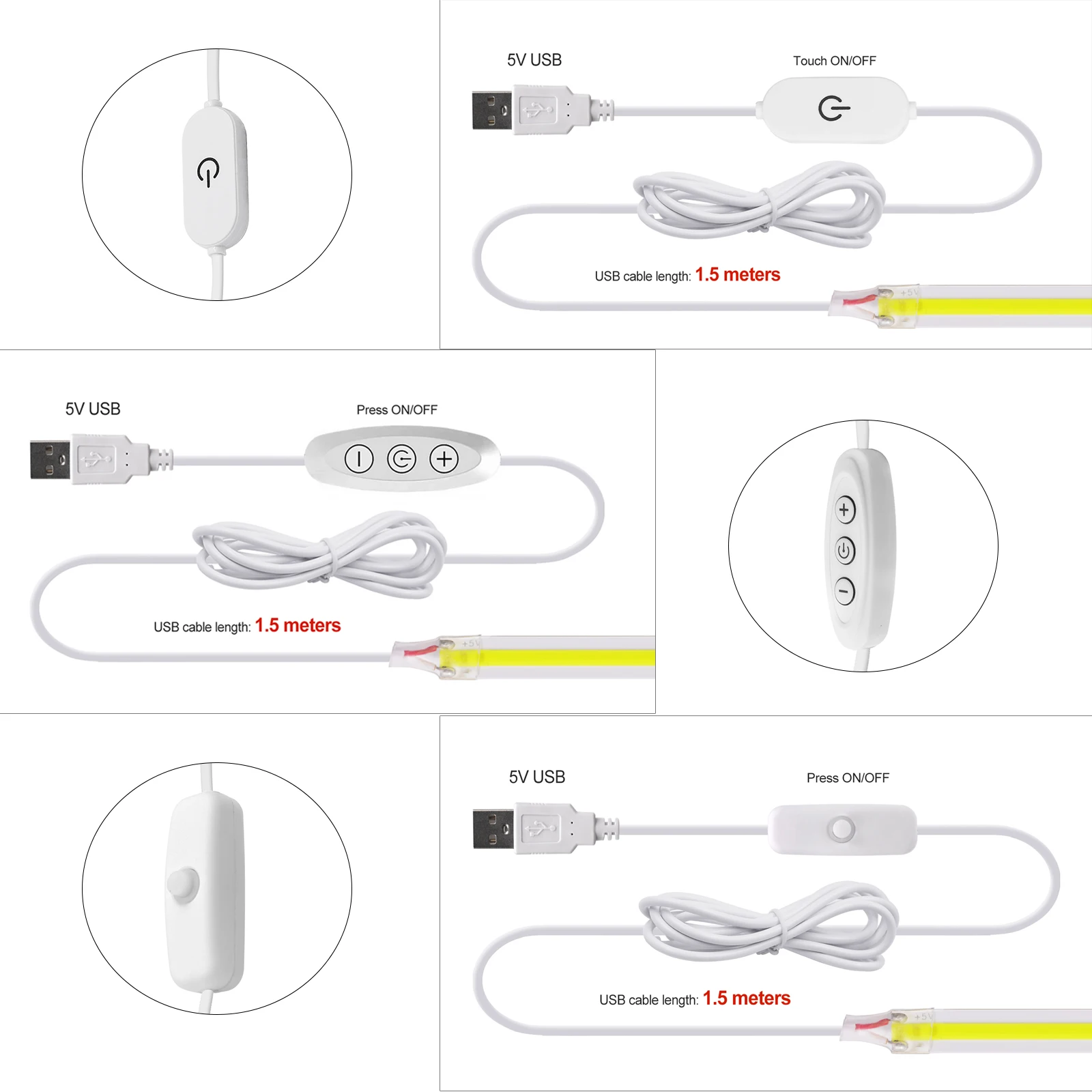 LED COB 라이트 스트립 터치 조광기, 유연한 LED 테이프 선형 조명 램프, 방 DIY TV 미러 백라이트 벽 장식, 5V USB 320 LED