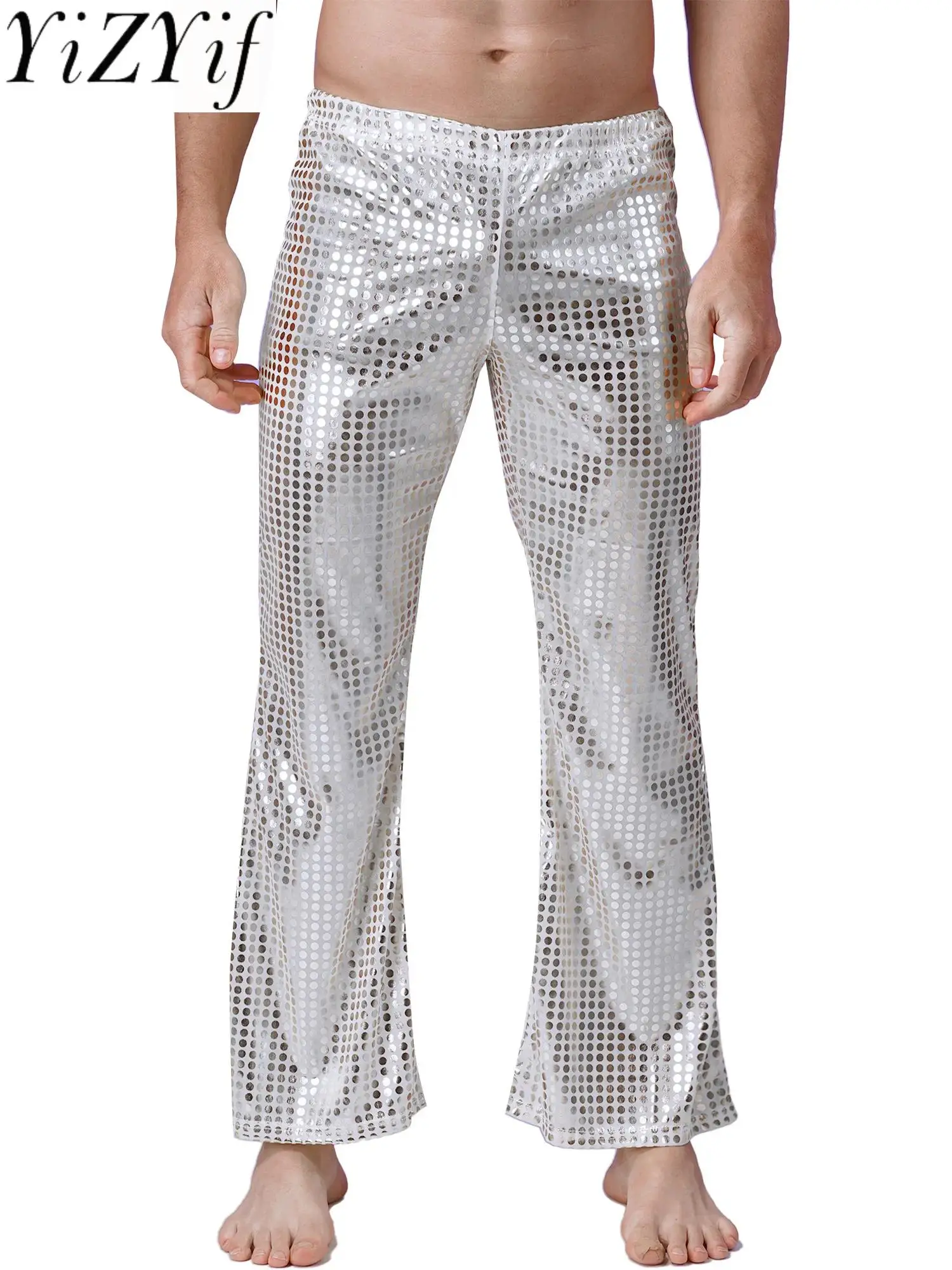 YiZYiF Mens Shiny Sequins Long Pants 70s Disco Jazz Dance Performance Costumes Elastic Waistband Flared Pants Dj Party Trousers