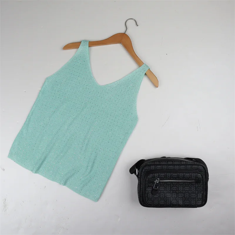 Gilet con scollo a V in maglia allentata alla moda con diamanti pieni per esterni ed interni estivi, con base alla moda