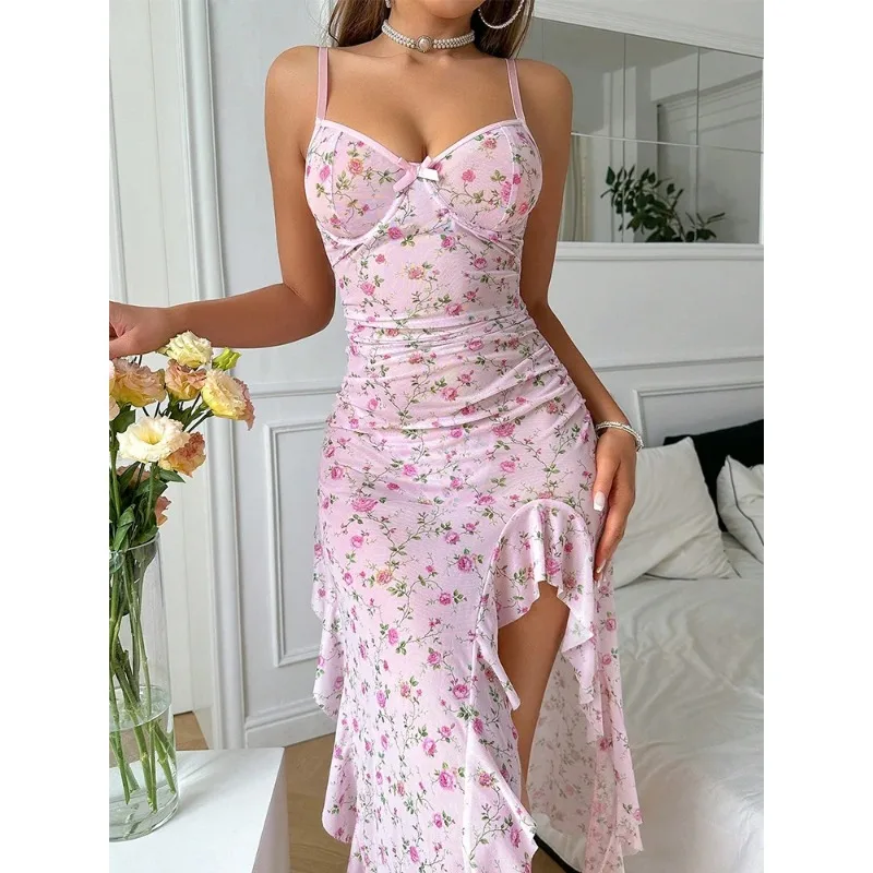 

Женская ночная сорочка с принтом на тонких бретелях, красивое платье-пижама с боковым разрезом, длинное розовое сетчатое летнее платье-пижама, сексуальная ночная рубашка