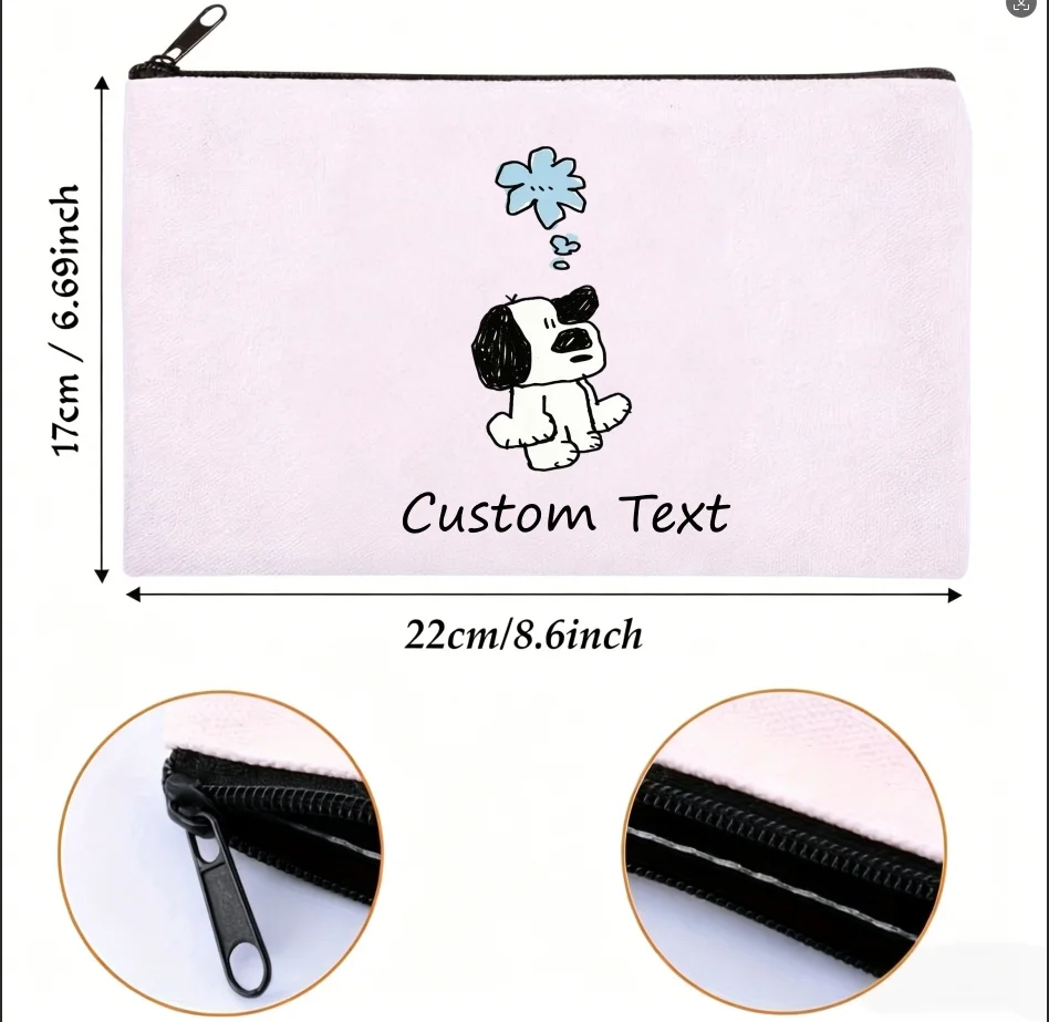1PCustom Text Makeup Bag Cute Hand‑drawn Puppy Flower Print Cosmetic Pouch Personalized Zipper Travel Toiletry Storage Bag Gift