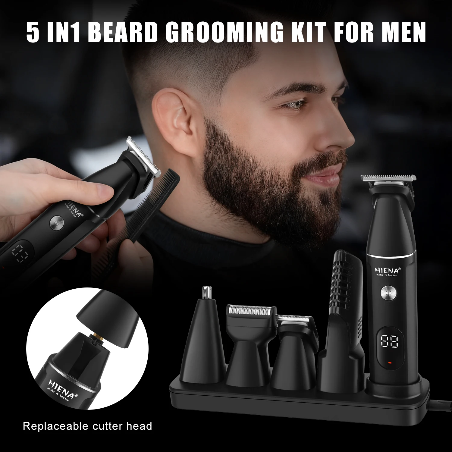 HIENA Professional Multifunctional Hair Clipper Set,Multifunctional Hair Clipper Set, R-Type Adjustable Blade, Cordless Barber Clippers, LED Display, Ear&Nose Hair Trimmer, 6 Combs