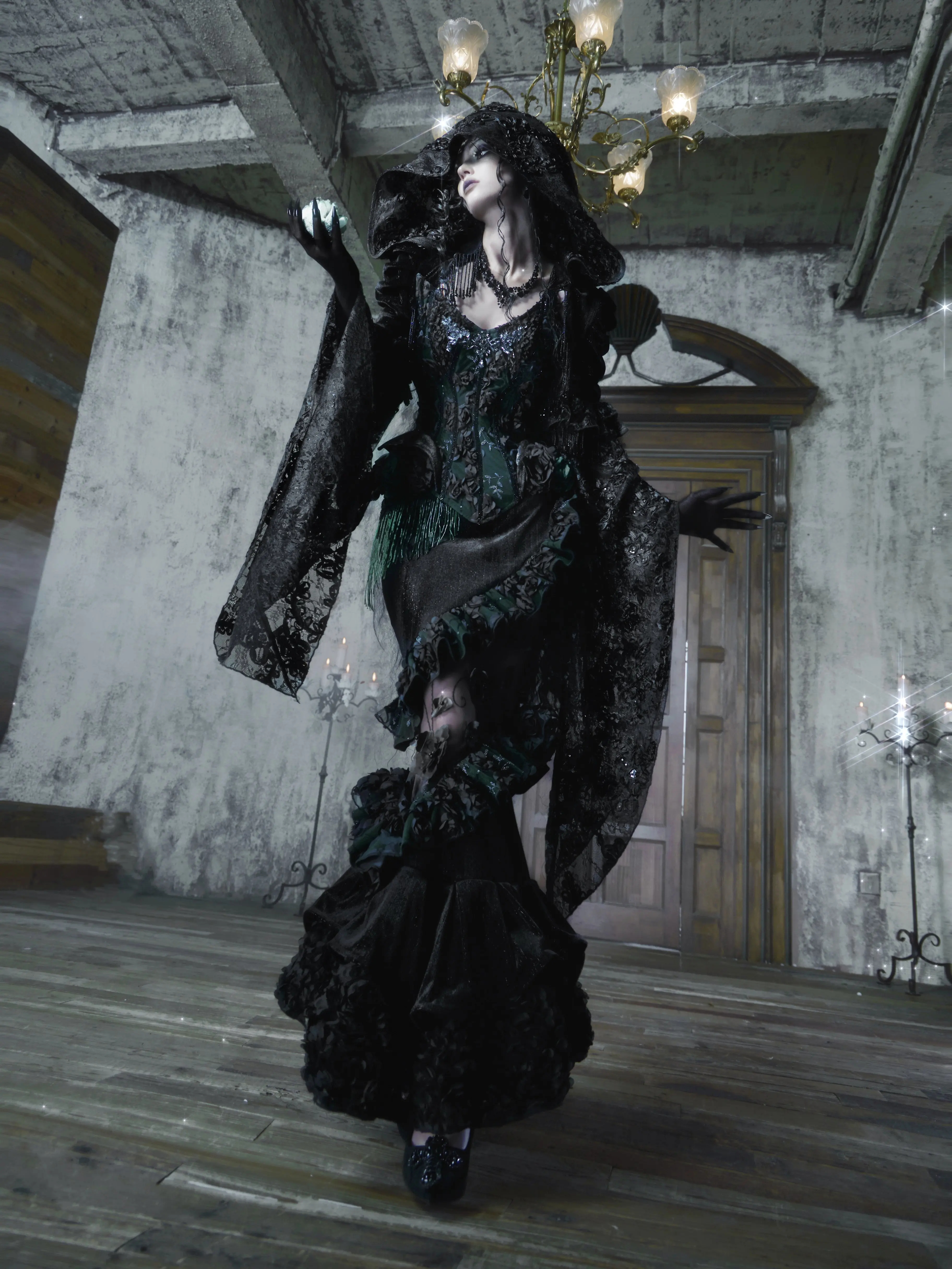 Blood Supply Original Gothic Embroidery Black Florals Patch Wizard Hat Ponchos Long Lacy Sleeve Short Cardigan Capes Halloween