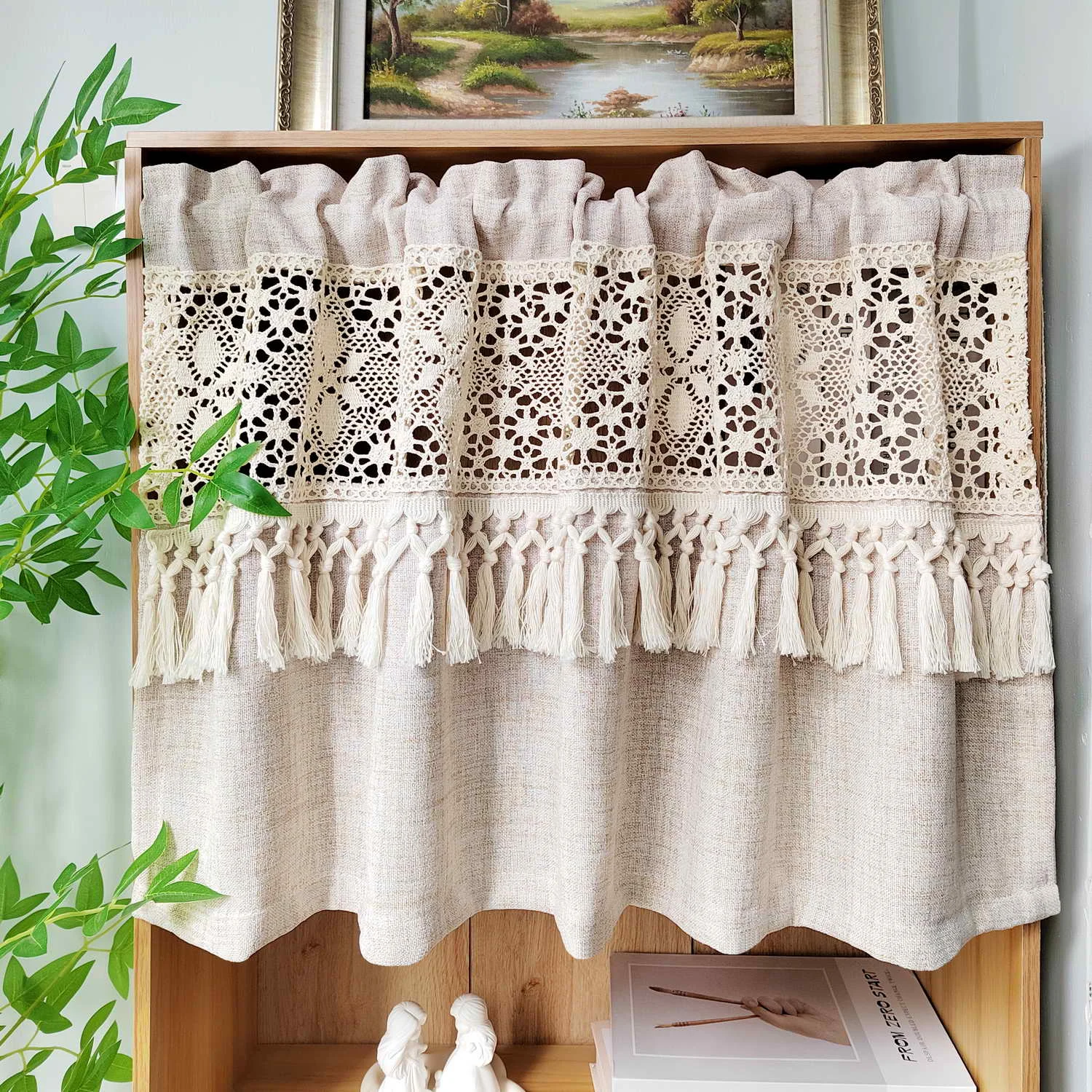 

1 panel Boho Kitchen Curtains Rustic Country Crochet Cutout Small Curtains for Bookcase Covers, Rod Pocket Top Coffee Curtain