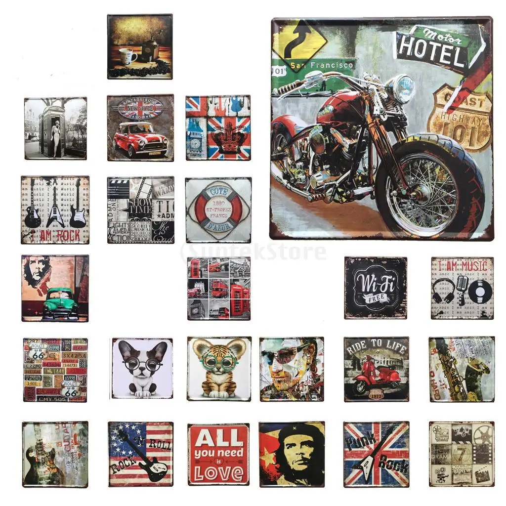 Square Vintage Metal Tin Sheet Metal Sign Vintage Picture Wall Deco Plaque 24 Styles