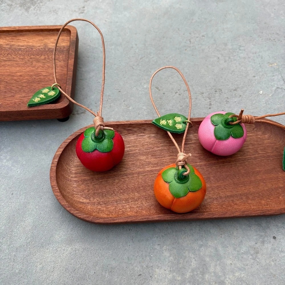 Handmade Genuine Leather Persimmon-Style Bag Charm Fruit Pendant Auspicious and Lucky Accessory Perfect New Year Gift