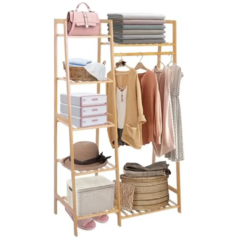 Bamboo Garment Storage Rack 7 Tier Clothes Hanging Shelf Minimalist Wardrobe Organizer