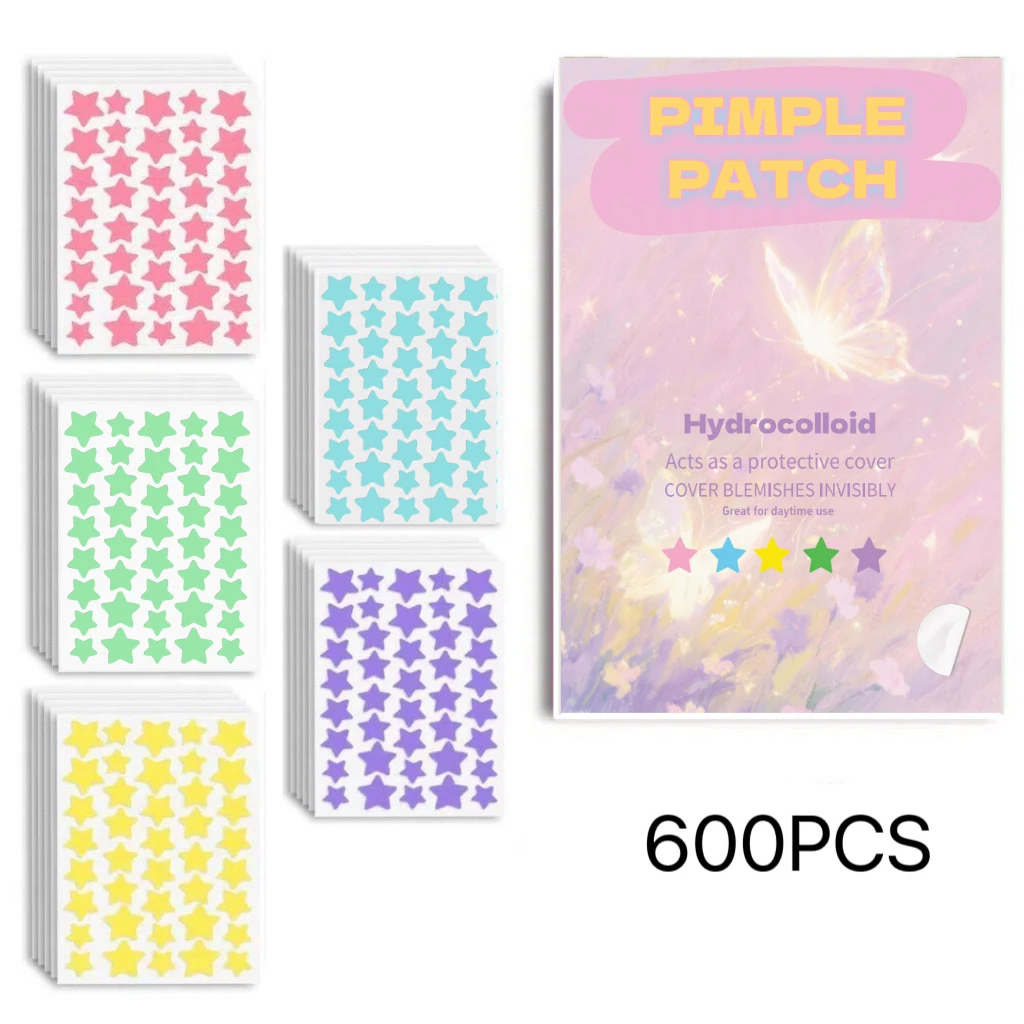 600PCS,Cute pimple Patch,Five Colors, Acne Patch With Design,Sticker Jerawat, Suitable For All Occasions, Star-Style