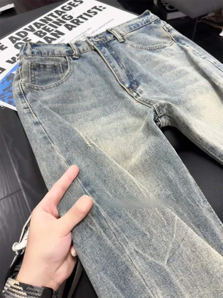 Cleanfit メンズ レトロ アメリカン ストリート Sle ライトニング パターン フレイド ヘム ベル ボット ジーンズ カジュアル 通気性 ルーズ フィット デニム