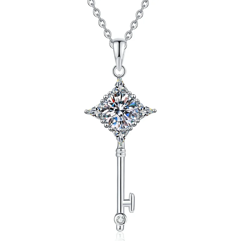 ZFSILVER Fashion  Classic 925 Silver Luxury Moissanite Square Key Necklace For Charms Women Accessories Party Jewelry Gift XL464