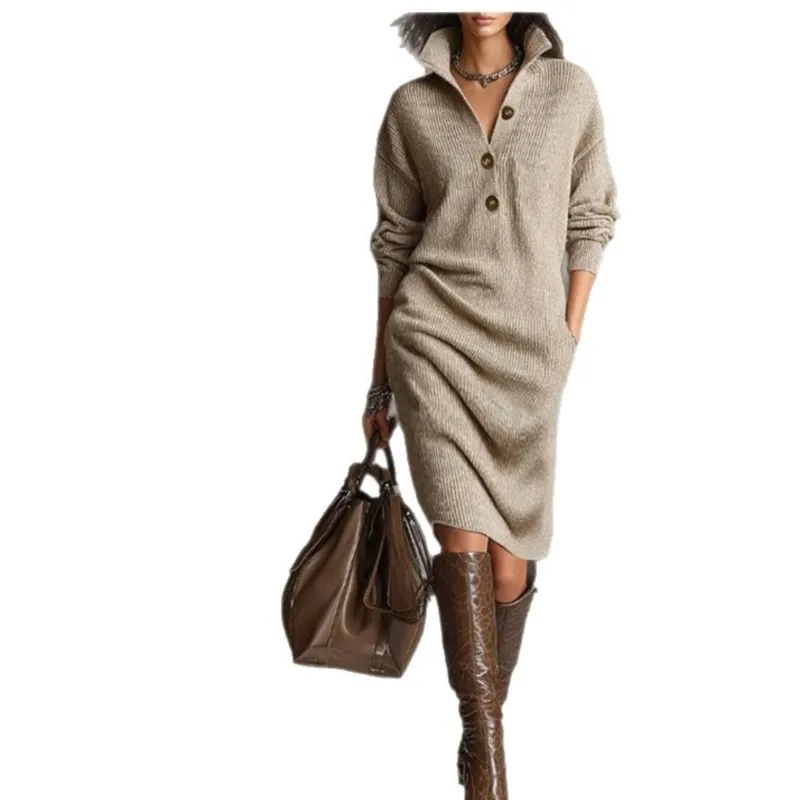 Herfst Mode Gebreide Knop Revers Vrouwen Jurk Casual Losse Zak Luie Rechte Over De Knie Lange Mouw Trui Vrouwelijke Jurk - afbeelding 2