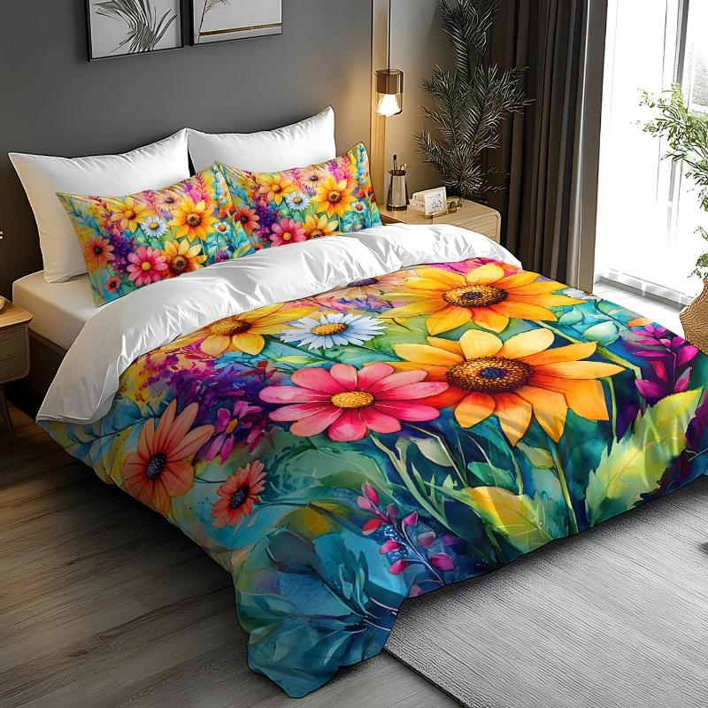 [Valentine Bedding Set] 2/3pcs Valentine's Day - Watercolor Sunflower Colorful Flowers Exotic Style - Four Seasons Universal