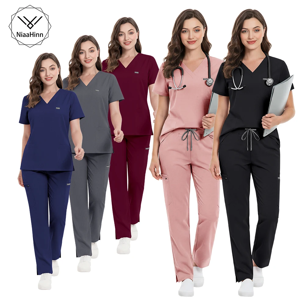 uniformes-de-enfermagem-para-mulheres-em-spandex-com-decote-em-v-e-manga-curta-calcas-retas-unissex-uniformes-veterinarios