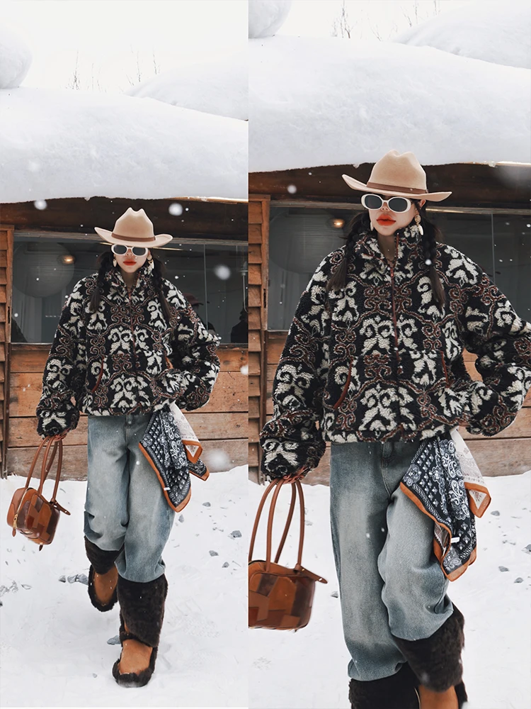 TIYIHAILEY Winter Women Outerwear Coats Faux Lamp Fleece Jacket Warm Printed Thick High Quality New 2026 Fashion Ladies Zipper