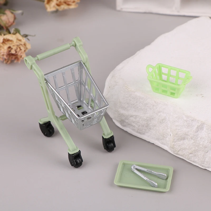 1/12 Dollhouse Miniature Shopping Trolley Shopping Cart Basket Food Clip Tray DIY Dollhouse Supermarket Scene Decor Accessories