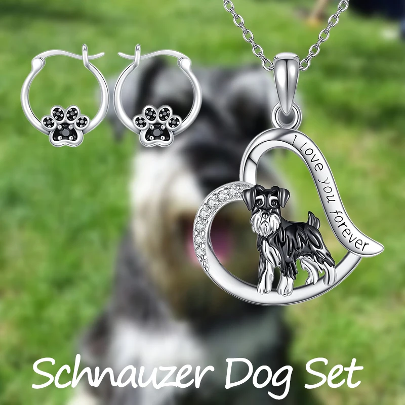 Fashion Alloy Jewelry Set: Inlay Rhinestone Heart Pendant Necklace With Cute Schnauzer Charm + Black Dog Paw Earrings