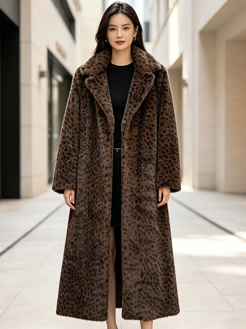 ZADORIN 130cm Long Luxury Faux Mink Fur Coat Women Elegant Lapel Leopard Print Thick Warm Fluffy Jacket Loose Winter Outerwear