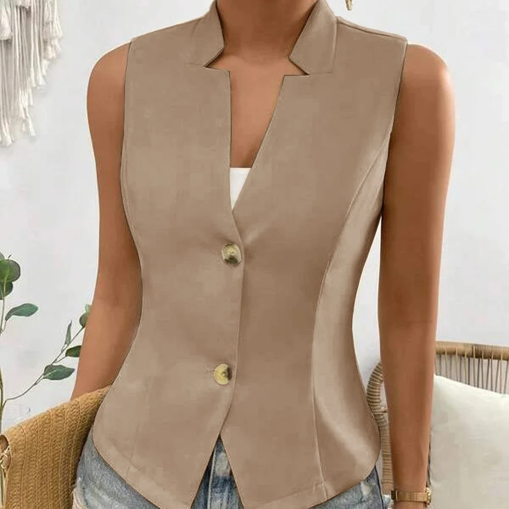 Women\'s Vest Design Neckline New Style Coat 2 Buttons Women Vest Slim Fit Coat Elegant Casual Sleeveless Jacket Women Clothing