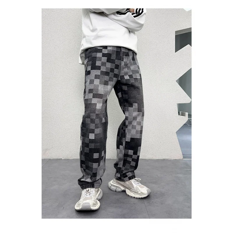 Light luxury mosaic fashionable printed design jeans men's fashionable retro loose straight mop wide leg leisure denim trousers