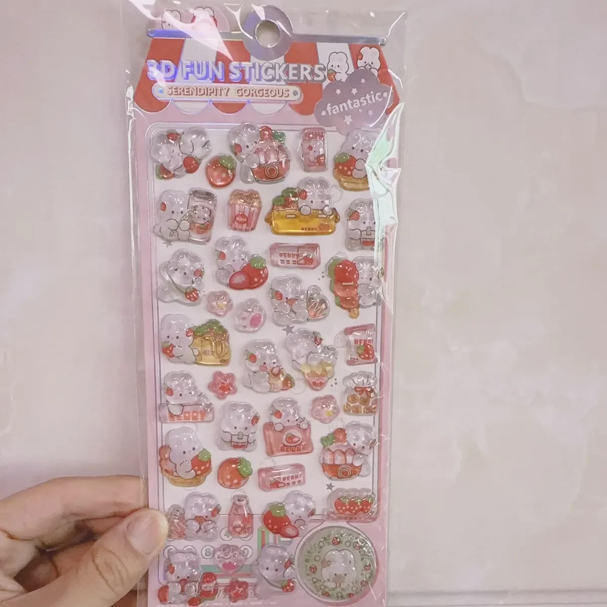 1pc Sweet Strawberry Rabbit Cartoon 3D Relief Stickers Scrapbooking Diy Journal Stationery Sticker Deco School Supplies Gift