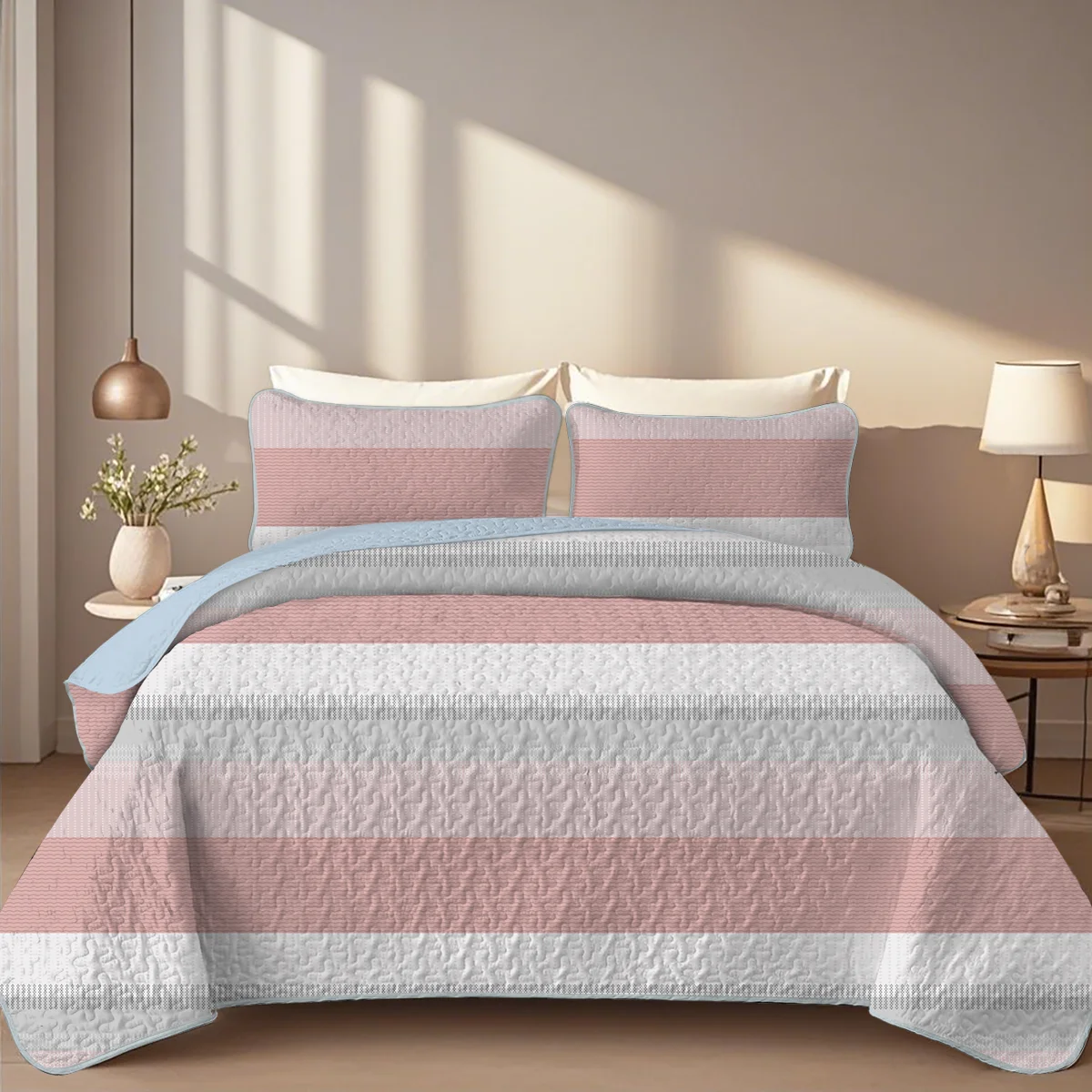 

2/3-Pcs Geometric Stripes Printed Quilt Set, Cal King, Durable, Breathable, Unique Summer Bedding Set, 1 Quilt, 1/2 Pillowcase