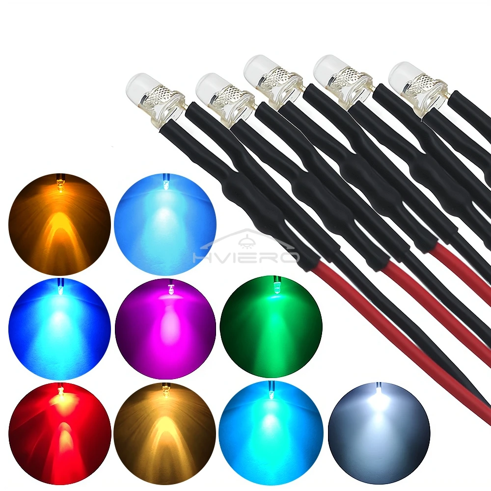 5X Pre Wired LED Round Light Bulb Chip Beads Cable Mini F3 3mm 20cm DC 12V White Warm Red Green Blue Yellow Emitting Diodes Lamp - Image 4