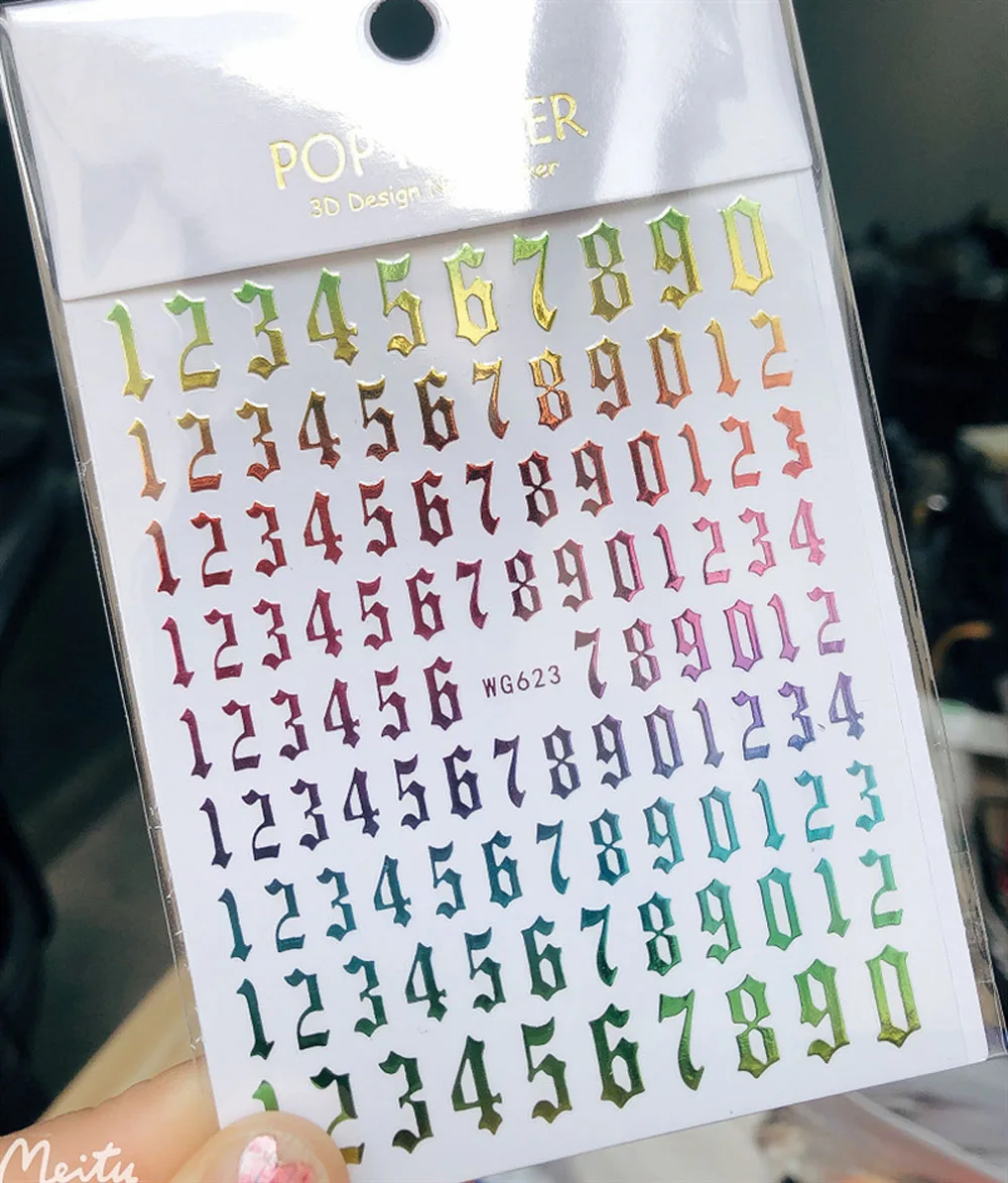 오래된 영어 번호 3D 네일 데칼 스티커, 자체 접착 골드 블랙 화이트 다채로운 레트로 번호 0-9 네일 아트 스티커