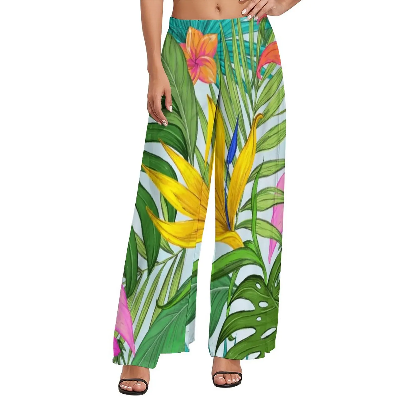 Palm Leaves Print Pants Hawaiian Floral Aesthetic Straight Wide Leg Pants High Waisted Office Trousers Large Size