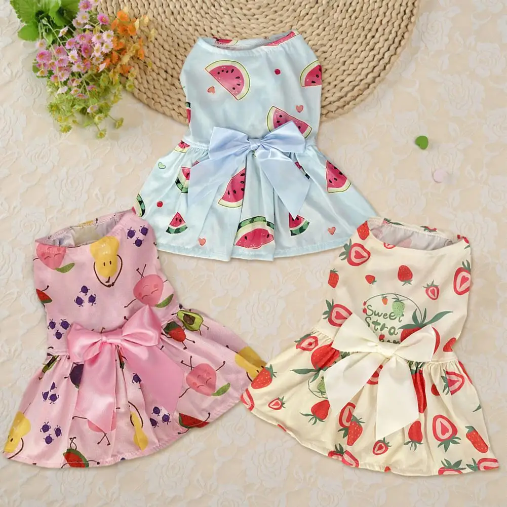 Summer Dog Dresses Sweet Ribbon Bowknot Cats Dogs Sleeveless Dress Watermelon Strawberry Fruit Print Kitten Puppy Skirt