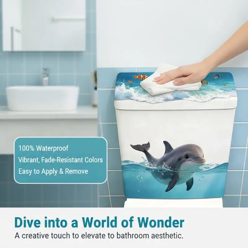 Cute Dolphin Toilet Tank Sticker Waterproof Removable Ocean Wave Vinyl Decal for Dorm Bathroom Decor
