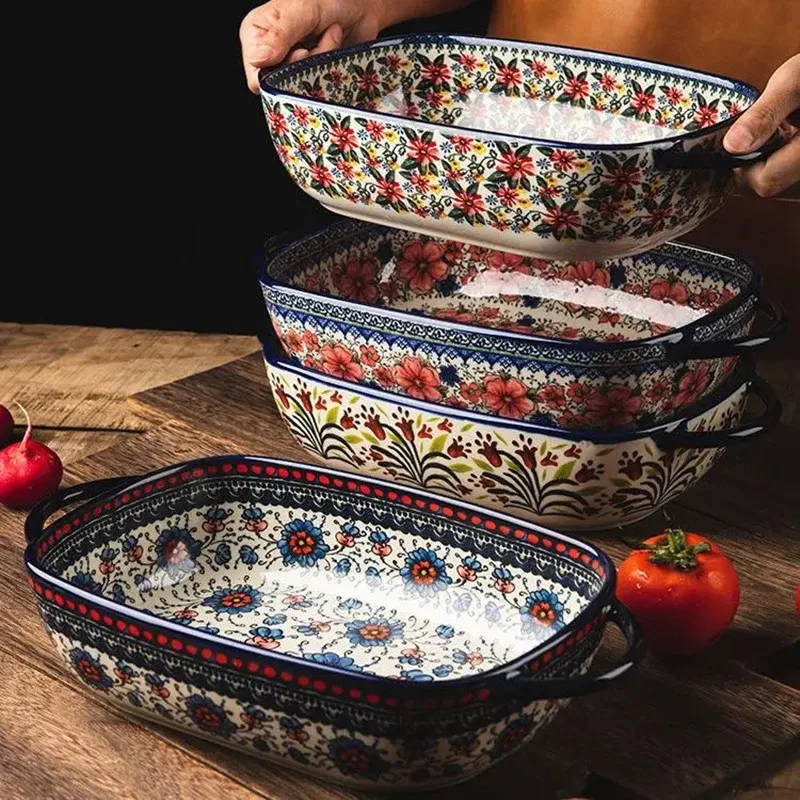 Polish style ceramic baking tray tableware oven microwave oven large bowl salad fruit cake rectangular plate party decoration