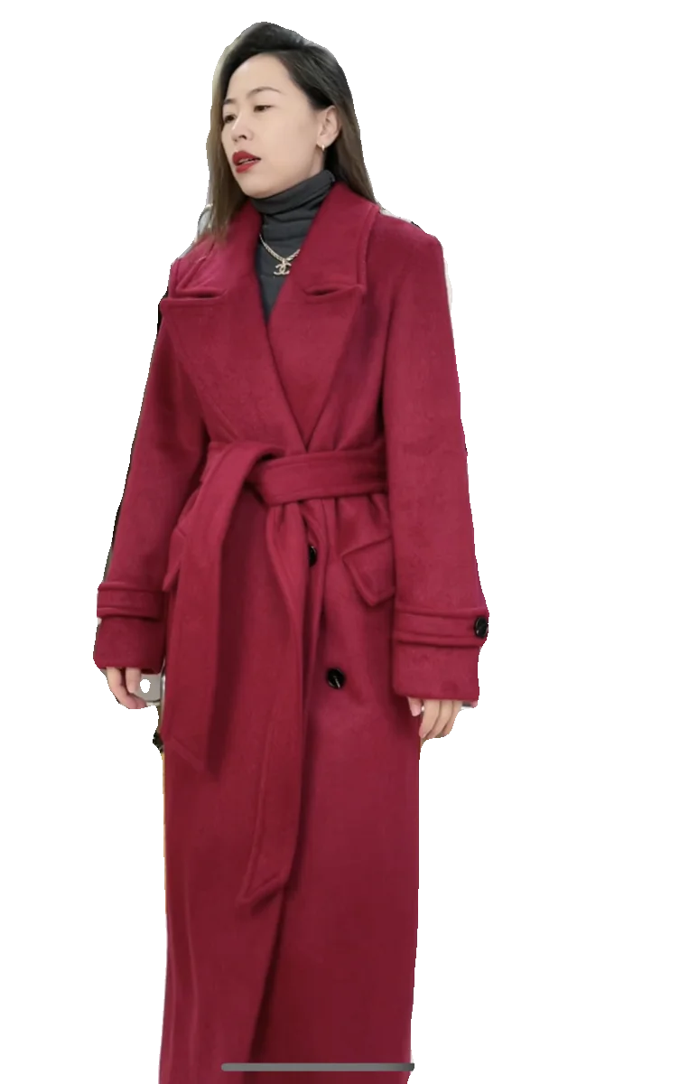 2024 New Design Women Fashion Autumn Winter Thicken Lengthened Woolen Coat Lace Up Slimming X-long Wool Overcoat 130cm