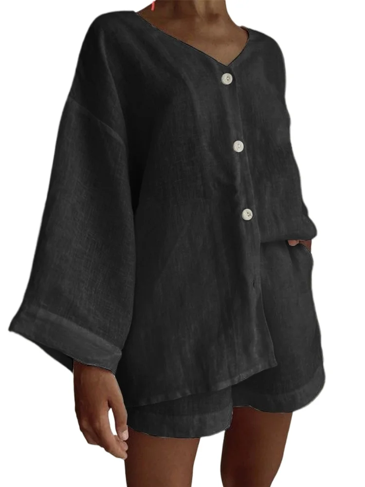 

Fashion Casual Two Piece Sets Women 2025 Summer Comfort Homewear Holiday Solid Color Button Long Sleeve Shirt Shorts 2 Piece Set