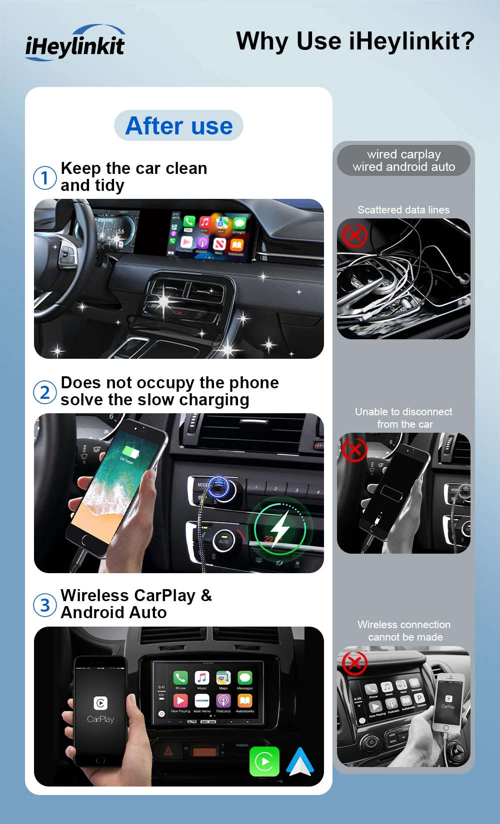 IHeylinkit Kabelloser CarPlay Android Auto Adapter 2-in-1 Smart Mini Box Plug-and-Play WiFi Schnellverbindung Universell für 98% der Automodelle – Detail 5