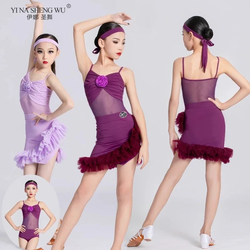 أزياء أداء الرقص اللاتيني للأطفال الفتيات الدانتيل الفتيات ممارسة السالسا السامبا مرحلة فستان أرجواني لعرض مسرح المنافسة