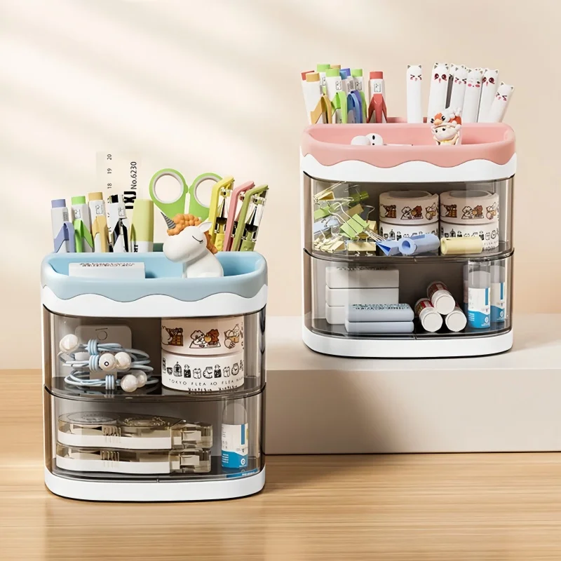 Large Capacity Rotating Desk Organizer with Drawers, Multi Compartment Pen Holder for School Supplies,Office Tools,and Cosmetics view 4