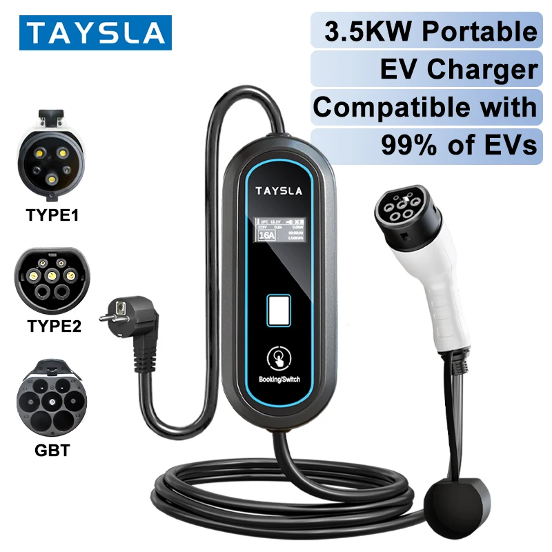 TAYSLA 3.5KW Portable Electric Car Charger Type 2 EV Charger GBT Charger Type 1 J1772 for Tesla ID.4 Nissan Leaf Kona BYD e-tron