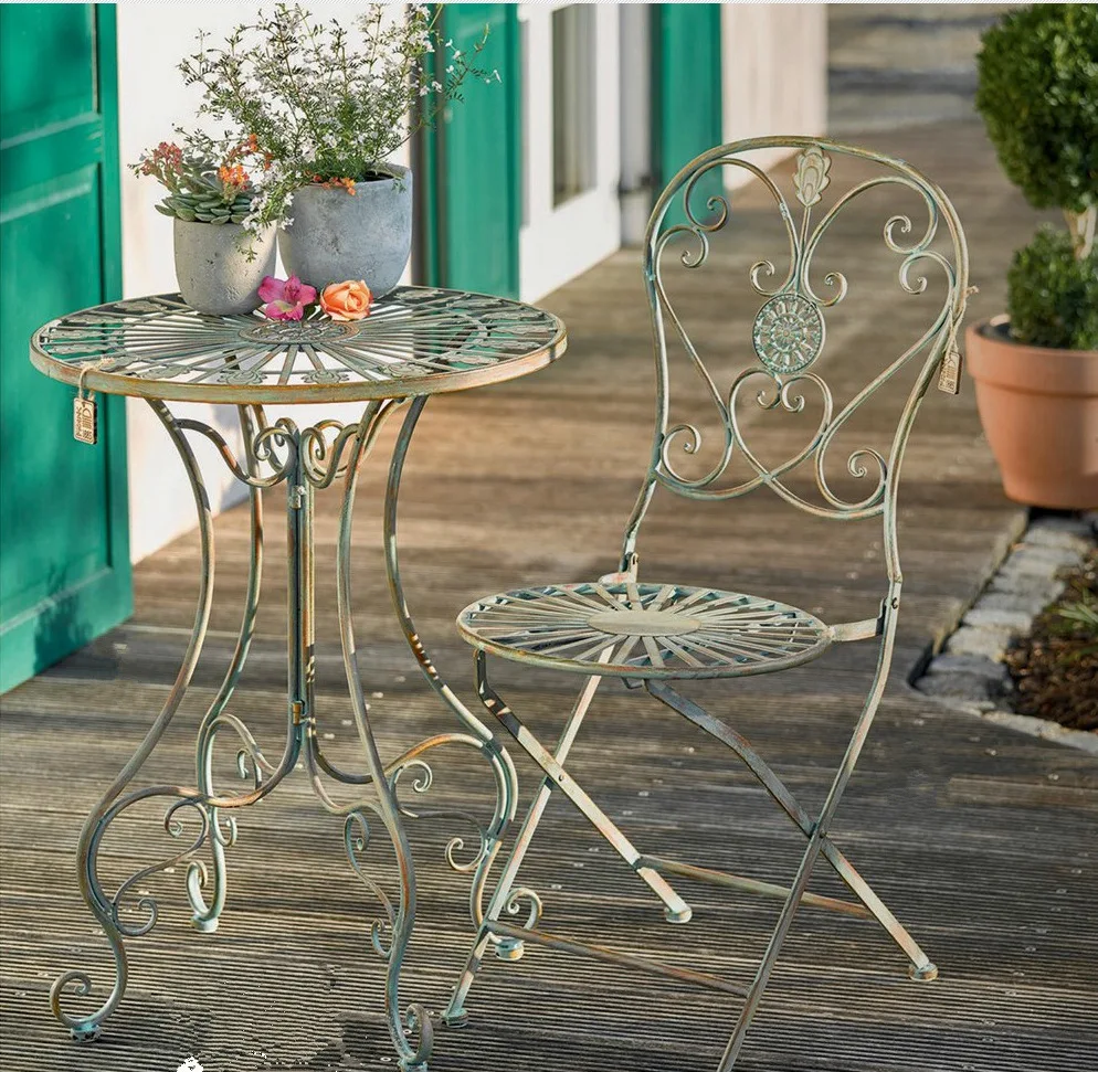 European French Style Rural Iron Art Round Table Chairs, Dark Green Retro Vintage Balcony Outdoor Garden Tables Chairs