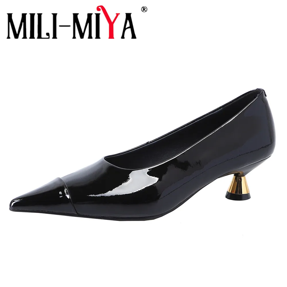 

MILI-MIYA женские модные туфли-лодочки из натуральной кожи с острым носком и удобными толстыми круглыми каблуками, чистый цвет, ручная работа