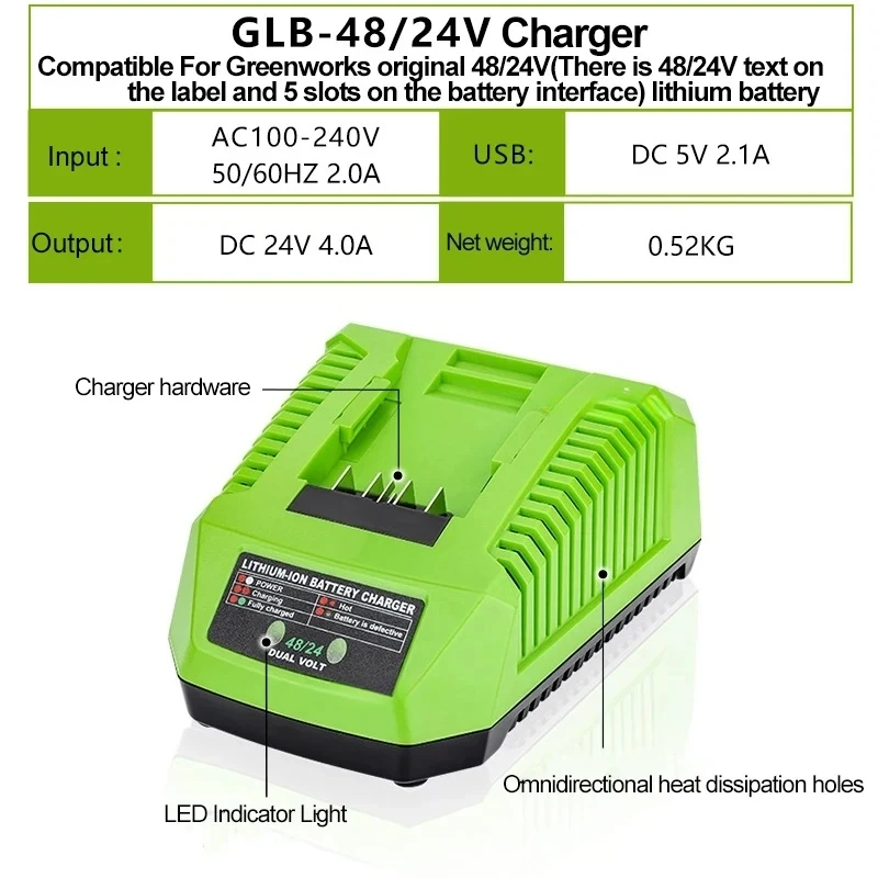

5V 2.1A Dual USB Ports Portable Rapid Charger Compatible with For Greenworks 48V/24V Lithium Batteries Power Tool Accessories