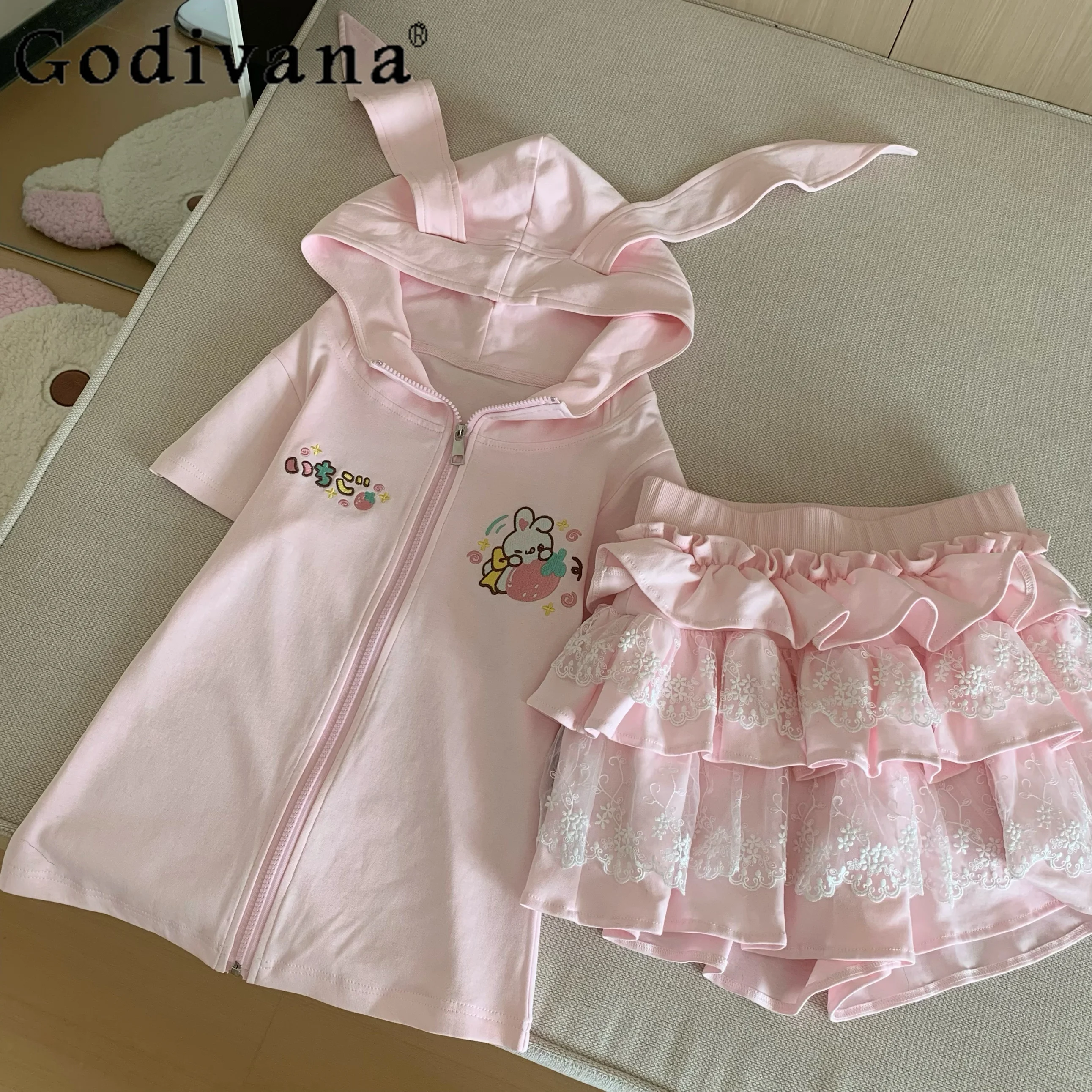 

Japanese Soft Girls Kawaii Skirt Set Summer New Sweet Cute Cartoon Print Rabbit Hooded Top Mini Skirt Set Y2k Daughter Clothes
